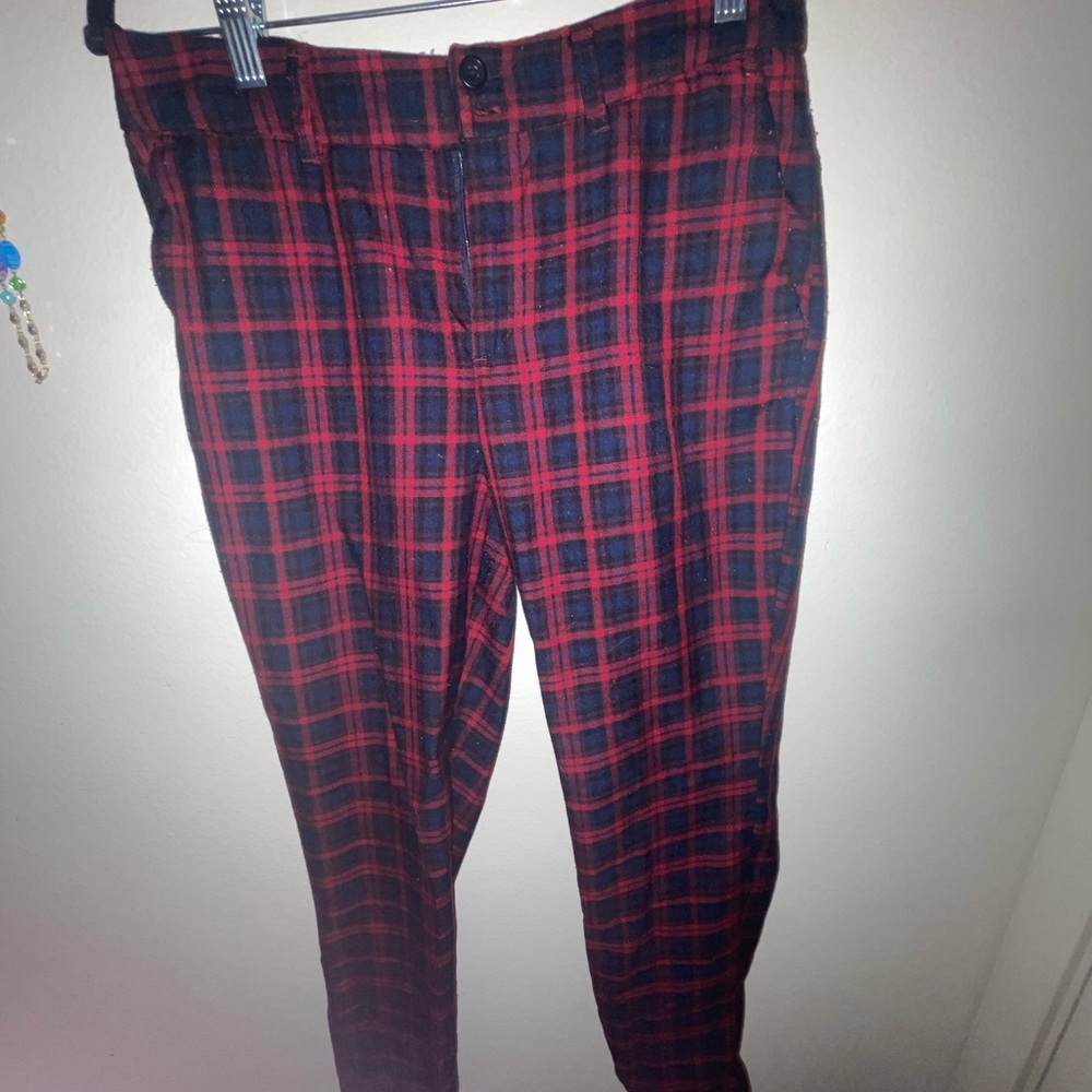 Red and Navy blue plaid dress pants